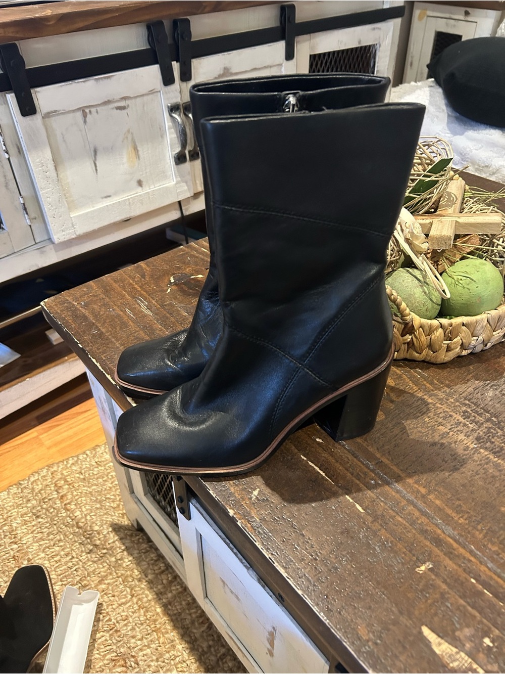Franco Sarto Black Leather Mid-Calf Block Heel Booties
